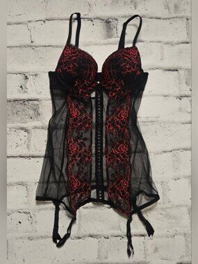 La Senza Black Red Lace Bustier Corset Garter Lingerie XS
